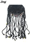 Chic Women Fashion Knitted Hats Y2K Aesthetics Retro Crochet Hollow Out Tassels Hats Caps Boho Holiday Beach