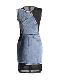 Trendy Women's Sleeveless Jeans Women's New Mesh Splicing Short Women's Dress Women's Clothing Tide In The Autumn And Winter Of