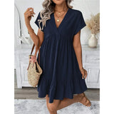 Women's Dress 2025 Summer Holiday Windy Windy Leaves Edge V Collar Solid Loose Short