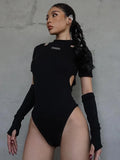 Rib Knit Hollow Out Bodysuit Two Piece Set Patchwork Short Sleeve Bodycon Jumpsuit for Women Goth Top Black Body