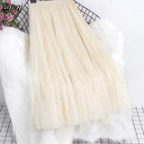 Pearl Pleated Tulle Skirt For Women Autumm Korean Irregular Beaded Wave Cut Elastic High Waist Mesh Pleated