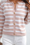 Women's Knitted Cardigan with Buttons Up Slim Short Soft Casual Coat V Neck Balck Striped Print Warm Cardigan Female