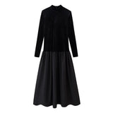 French Velvet Splicing Temperament To Close The Waist Thin Hepburn Wind Small Black Dress