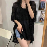 Zingj V-Collar Hollowed-Out Short-Sleeved Sweater Women's Wear Thin Style Design Unique Chic Loose