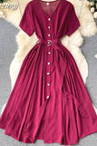 Vintage V-Neck Single Breasted Midi Dress For Women Elegant Short Sleeve High Waist A-Line Slim Green/Red/Purple
