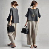 Women's Clothing Japan And South Korea 2025 Summer New Round Necker Mid-Sleeve Top + Two Sets Of Bags Of Broad Leg Trousers On Both