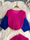 Vintage Women Draped Two Piece Set Blue/Red/Yellow Patchwork O-Neck Short Tops + High Waist Pleated Pant Suits Female