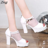 New Fashion High Heels Square Heel New Summer Fashion Non-slip Thick Sole Sexy Fish Mouth Zipper Mesh Sandals