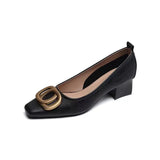Zingj 2023 New Fashion Square Head Shallow Metal Buckle Thick Heel Single Shoe Medium Heel Women's