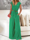 Women's Clothing 2025 New Summer V Tie With Open-Vum Wide Leg Trousers Casual Fashion