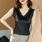 Silk Women Blouses Shirts Casual Women V-neck Embroidery Satin Blouse Tops Woman Elastic Lace Shirt Top Blusas
