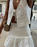 Metal Sequins Sleeveless Lace Up Top Sets Women Chic Ruffles Mini Skirt Suits Summer Female High Street Holiday Outifts 211-1-Outfit