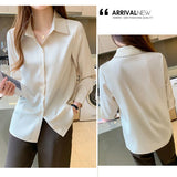 Women's Silk Shirts V-neck Solid Laides Tops Womens 2023 Spring Fashion Satin Long Sleeve Blouses Button Up White OL Vintage