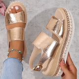 And Summer New Large-Size Hollow Fish Mouth Heel Sandals Women's Pine Cake Silver Bright Buckle Flat Women's