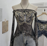 Shot Raging Butterfly Embroidery Y2k Babes Punk Word Shoulder Tie-Dye Mesh T-Shirt With Short Top