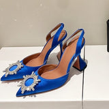 and American 2021 Summer New Pointed High Heel Women's Shoes SUNFLOWER Drill Buckle Closed Toe Wine Cup Heel