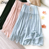 Cotton Pleated Skirt Women Drawstring Elastic High Waist Long Skirts Daily Beach Boho Black White A-line Skirt Faldas