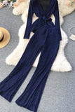 Bright Silk Two Piece Set Women Elegant Blue/Red V-Neck Long Sleeve Blouse+High Waist Wide Leg Pants Suit Spring