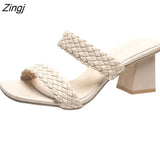 Women Slippers Sexy High Heels Outdoor Slides Women Summer Shoes Sandals Heels Female Square Toe Slipper Designer Brand