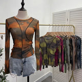 Sun Dyed Elastic Mesh Yarn T-Shirt Stacked With Long-Sleeved Top Press Line T-Shirt