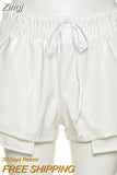 Fuax Leather Shorts Women Summer Fashion Irregular Patchwork Drawstring Elastic Waist Straight Bottoms Clothing