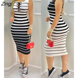 Sleeveless Striped Print Colorblock Eyelet Lace Up Casual Tight Skinny Bodycon Dresses Loungewear Women Tank Dresses
