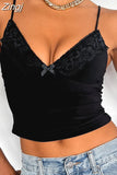 Spaghetti Strap Camis Chic Women Summer Sleeveless Lace Patchwork V-neck Tank Crop Tops Party Club Street Base