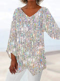 Women's Clothing 2025 Summer New T-Shirt Casual Loose Irregular Print Long-Sleeved V-Neck