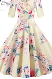 Sleeve Black Autumn Winter Women Dress Floral Print Vintage Party Dresses Robe Casual Rockabilly A-Line Pin Up