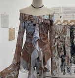 Shooting Retro Shoulder Tie-Dye Net Horn Long-Sleeved T-Shirt Irregular Lotus Leaf Side Ribbon Y2k Top
