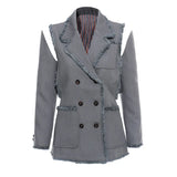 New Personality Tuxedo Side Side Shoulder Buckle Suit Broken Sleeve Ash Spliced Long-Sleeved Coat