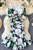 Low Collar Flower Printed Mermaid Party Dress Women Elegant Square Collar High Waist Bodycon Vestidos Female Spring