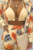 Summer 3 Piece Set Outfits Women Fashion Sexy Beach Style Printed Suspender Shirt Shorts Suit Three Piece Set