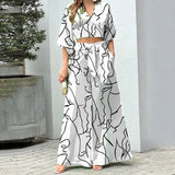 Women's V-Neck Lantern Sleeve Long Sleeve Short Top Broad Leg Trousers Fashion Suit Women's