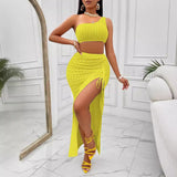 Women's Wear 2025 Summer Casual Solid Color Diagonal Collar Dress Slit