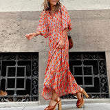 Spot 2025 Women's Summer New Short Sleeve Medium And Long Bohemian Print