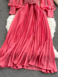 Women Lace Patchwork Pleated Chiffon Long Dress Autumn Winter Red/Black/Blue Draped Party Vestidos With Sashes Female Robe