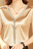 Lady Casual Loose Tops Mujer Satin Blouse Women Summer Short Sleeve Shirt Solid Fashion Tassel V-neck Clothes