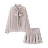 Women's Two-Piece Summer Thin Bow Tie With Long-Sleeved Cover Loose Shirt Folded Mini