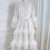 Elegant Gentle Wind Horn Sleeve Hollow Lace Splicing Cake Dress Women's Waist Thin