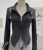 Real Shooting Irregular Zipper Collar Short Small Coat With Long Sleeves And Bottom Shirt