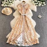 Luxury French Style Sleeveless Print Dress Female Polo Collar Hook Hollow Design Lady