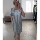 Summer New Large-Size Fashion Bag Pocket Striped Dress