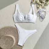 2025 New Solid-Colored Nylon With Light Split Sexy Hollow Tethered Swimsuit