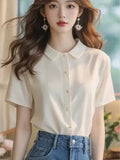 Chic Super-Looking White POLO Collar Short-Sleeved Shirt Women's Summer Unique Beauty Loose Thin