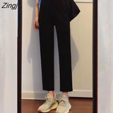 Women All-match Simple Ankle-length High Waist Comfort Straight Students Leisure Solid Black Korean Style Summer