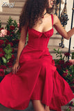 Elegant A Line Midi Dress Sexy Spaghetti Strap Lace Up Red Holiday Party Dresses Split Summer Dresses Women