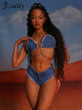 2023 New Women Denim Two-Pieces Bikini Sets Jeans Chain Decoration Halter Neck Bra& Low Waist Super Short NoPockets