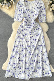 Women Floral Long Dress Elegant Square Collar Short Sleeve High Waist A-Line Casual Vestidos Female Robe New Fashion