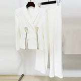 Star New Temperament Fashion Diamond Strip Open Fork Suit Straight Trousers Set Two